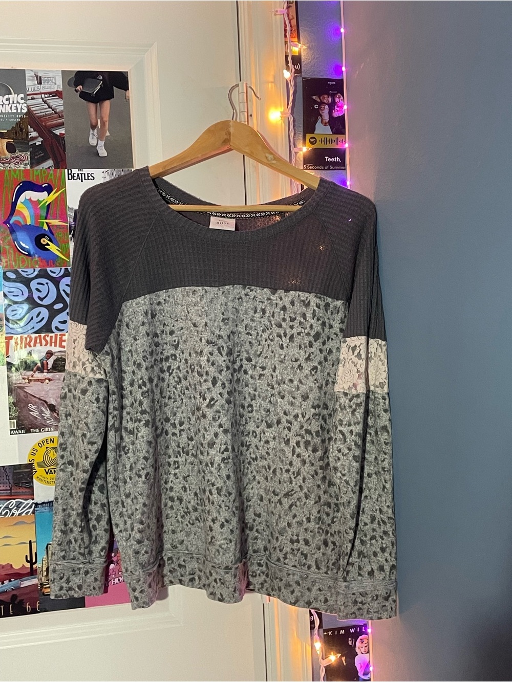 Knox Rose Charcoal Waffle-Knit Long Sleeve Top